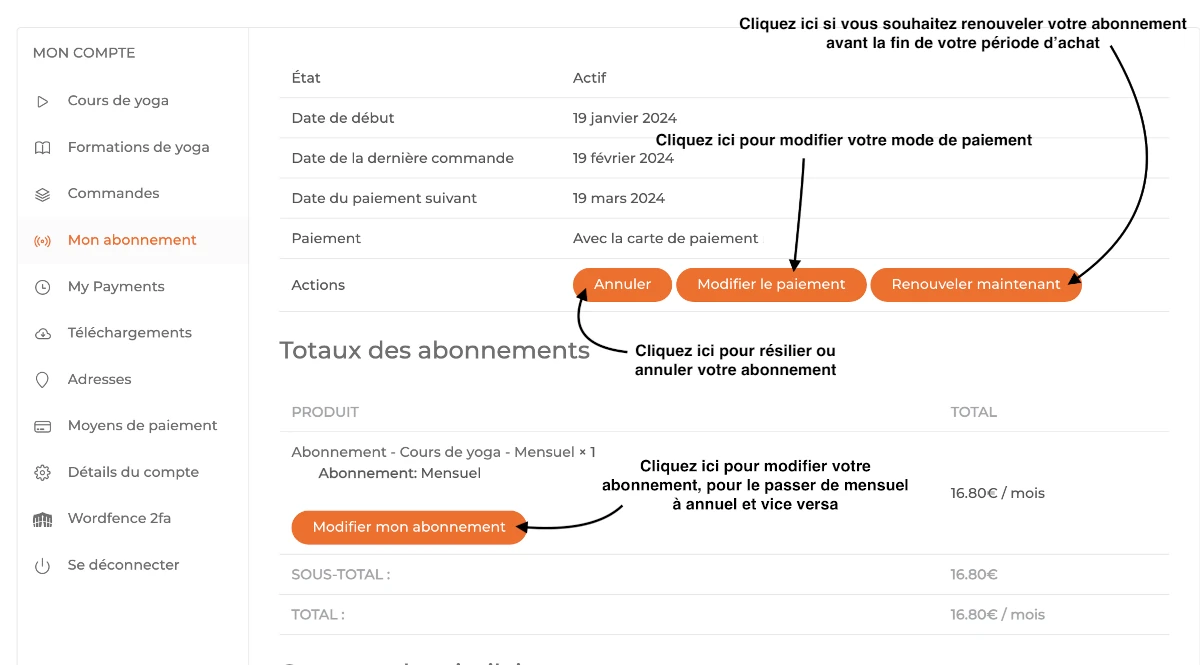 FAQ - Modifier votre abonnement aux cours de yoga en ligne